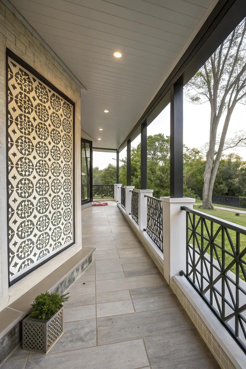A state-of-the-art porch showcasing a geometric-patterned knee wall.