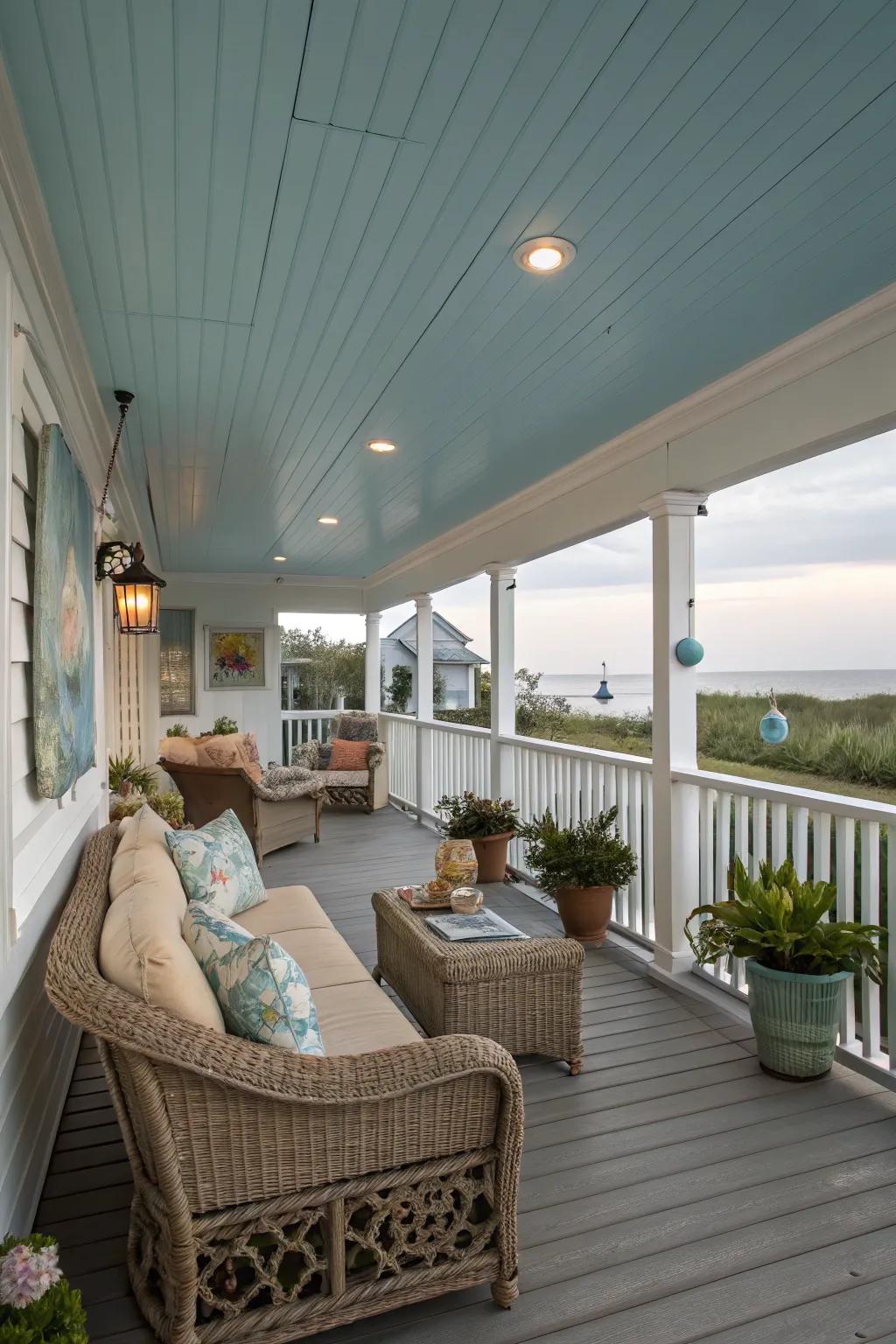 Attain coastal beauty with a blue ceiling.