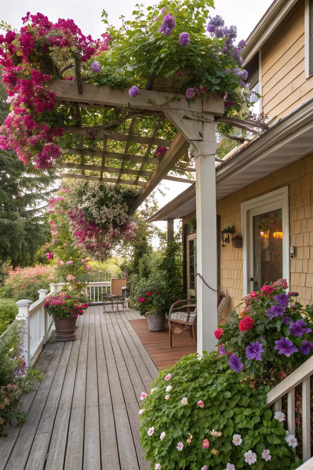 A trellis roof and climbing plants provide an organic aesthetic.