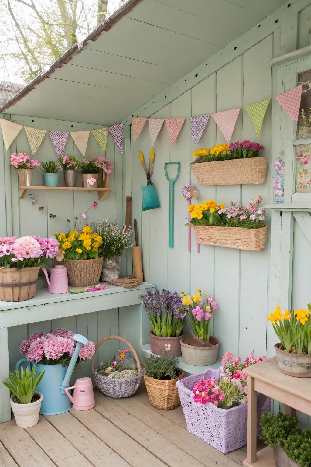 A potting shed featuring seasonal decor swaps.