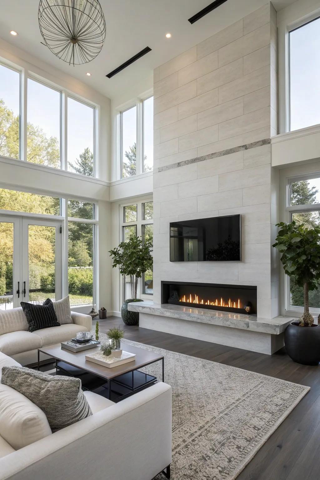 A contemporary living space featuring a linear propane fireplace.