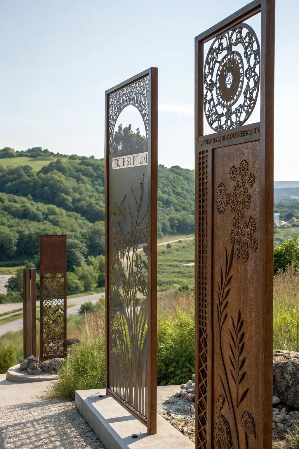 Intricately patterned metal panels crafting an artistic boundary line.