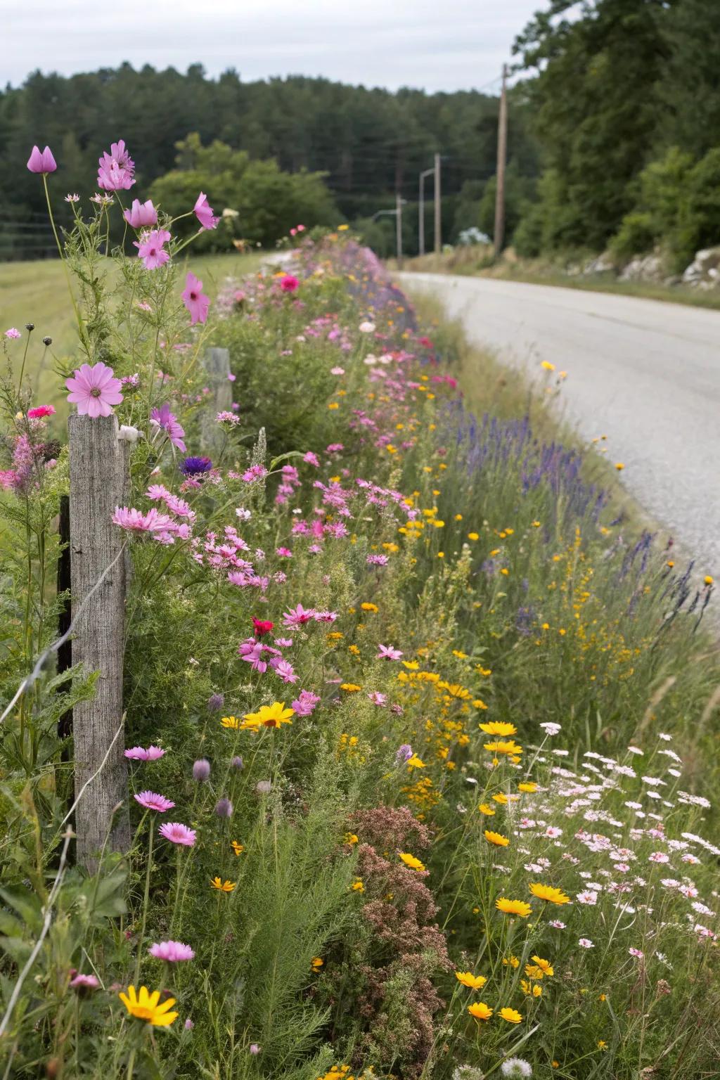 Wildflower border bringing color to property lines.