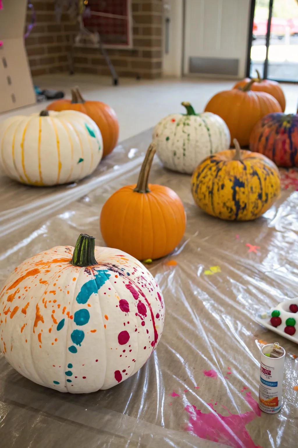 Splatter paint pumpkins erupting with color.