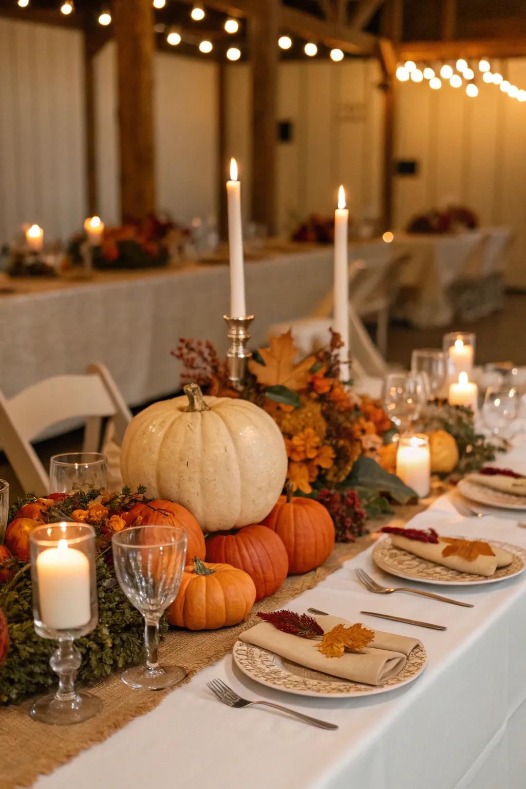 A beautifully decorated head table with squash accents.