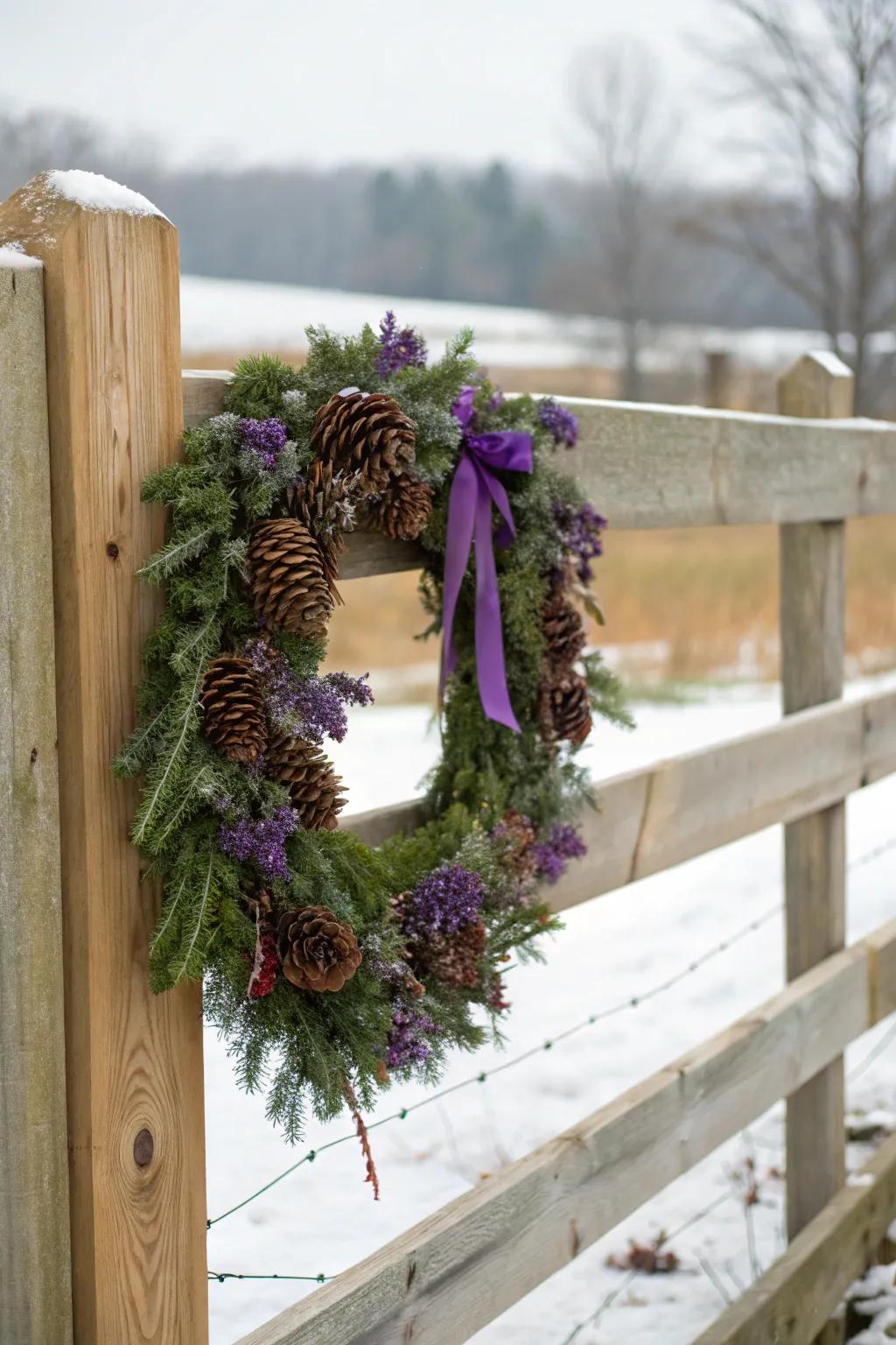 Pinecones and purple create a rustic holiday feel.