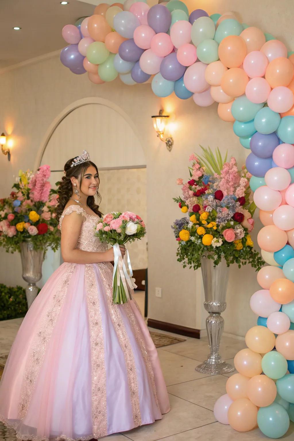 Balloons and floral arrangements craft a rich, romantic aesthetic.