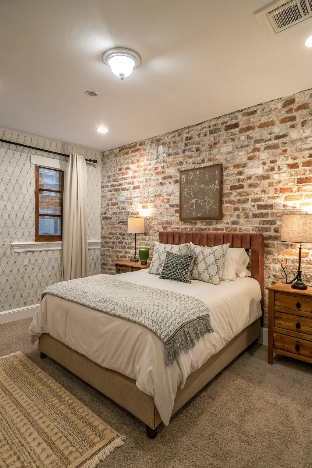 Rustic brick look adding urban chic to the bedroom.