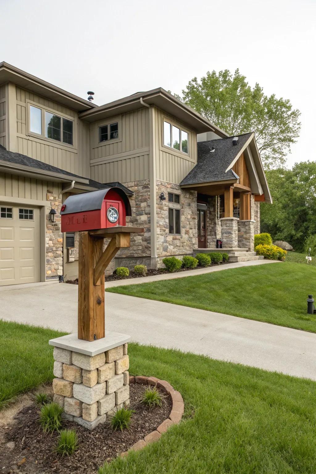 A creative custom-designed mailbox complementing a raised ranch abode.