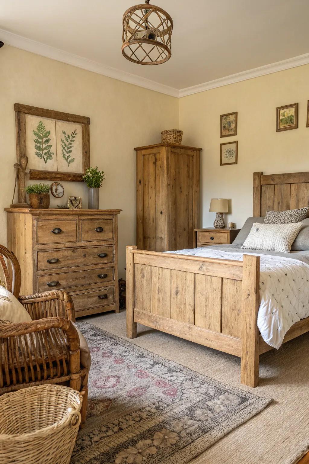 A countryside bedroom featuring refurbished timber furnishings.