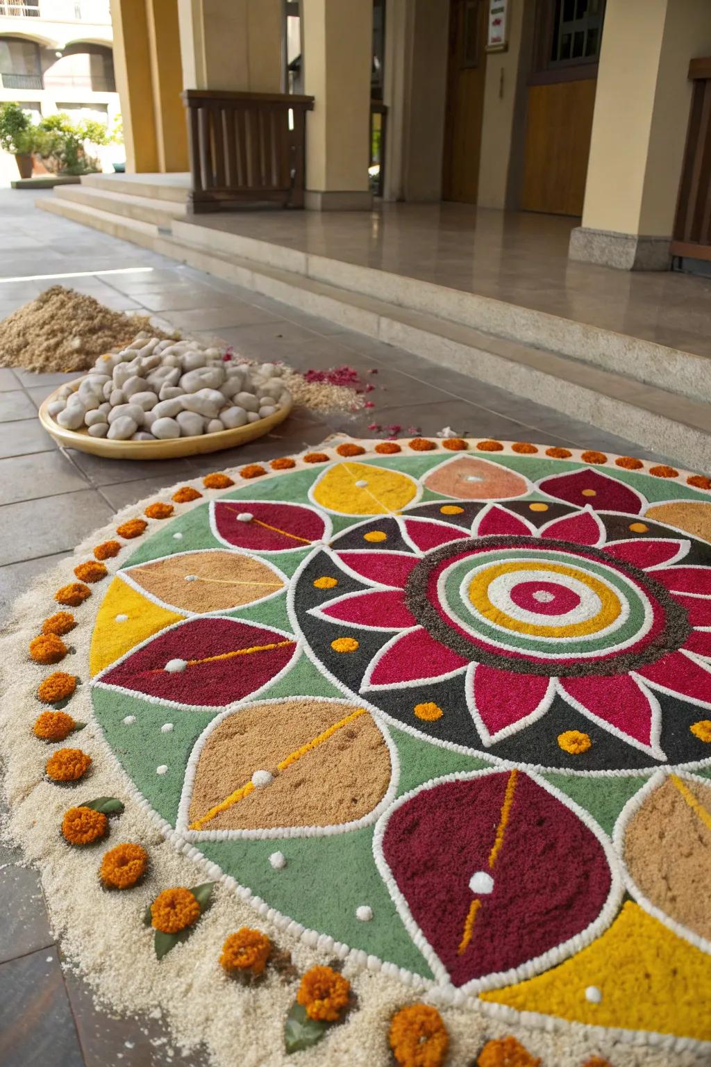 A mix of textures introduces a unique tactile dimension to this rangoli.