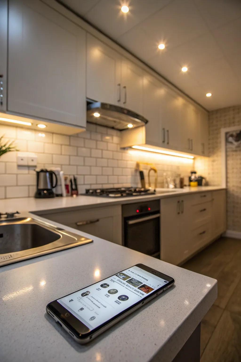 Intelligent lighting allows for adaptable kitchen ambiance.