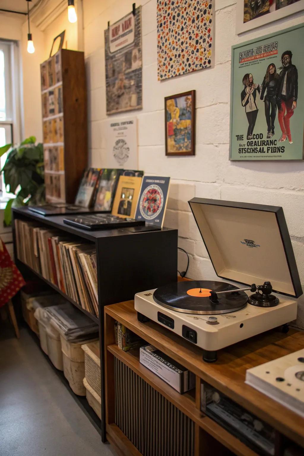 Vintage record store vibe in a home.