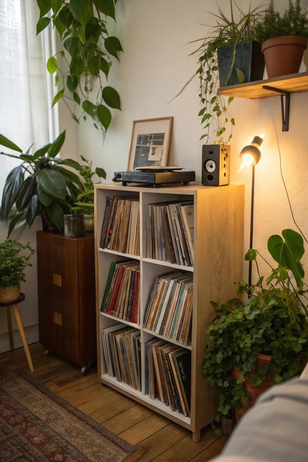 Corner modules optimize area and infuse charm into your record storing.