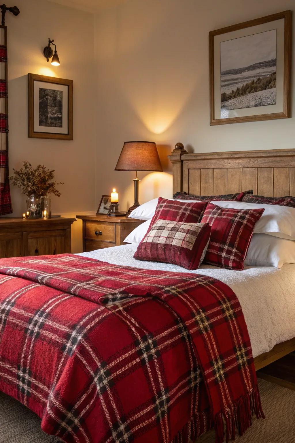 A comforting sleeping quarters with festive crimson accents.