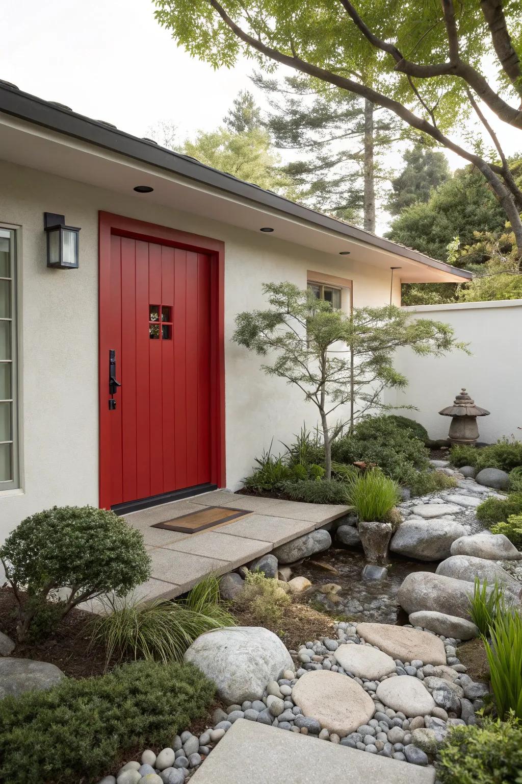 Zen home featuring a red entrance, creating a tranquil yet vibrant entry.