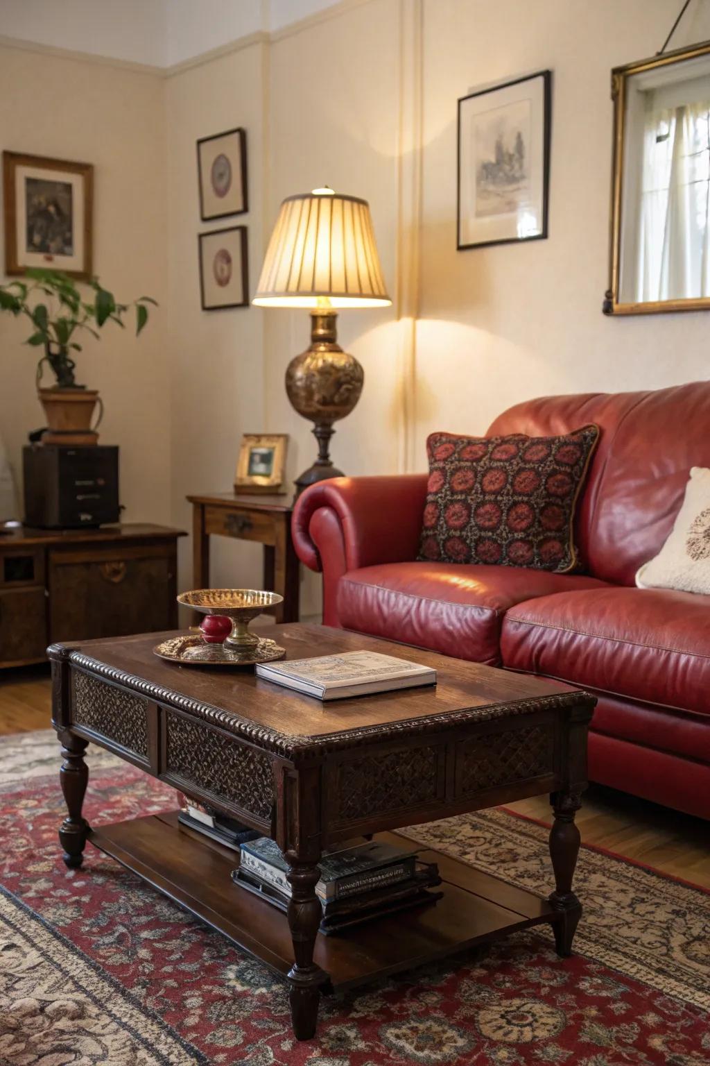 Vintage discoveries impart personality and warmth to a modern living space featuring a scarlet hide settee.