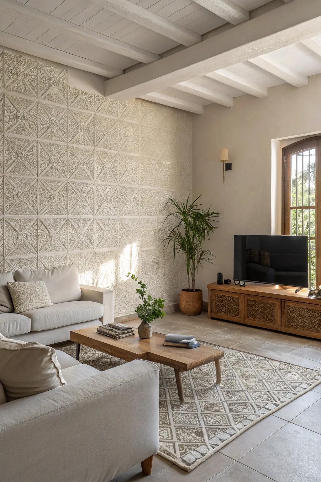 Understated textured tiles provide subtle sophistication.