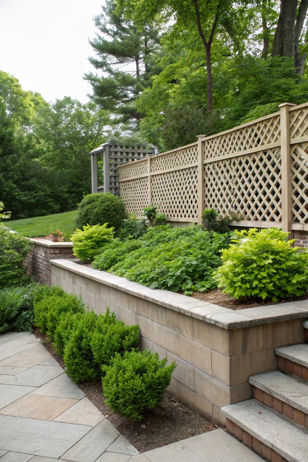 A stylish open-weave screen providing privacy in a backyard.