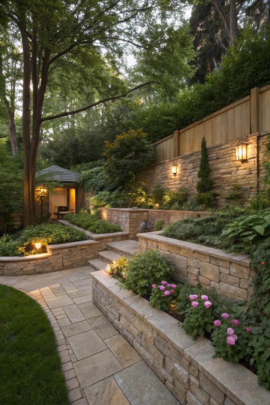 A private garden nook created with retaining walls, perfect for relaxation.