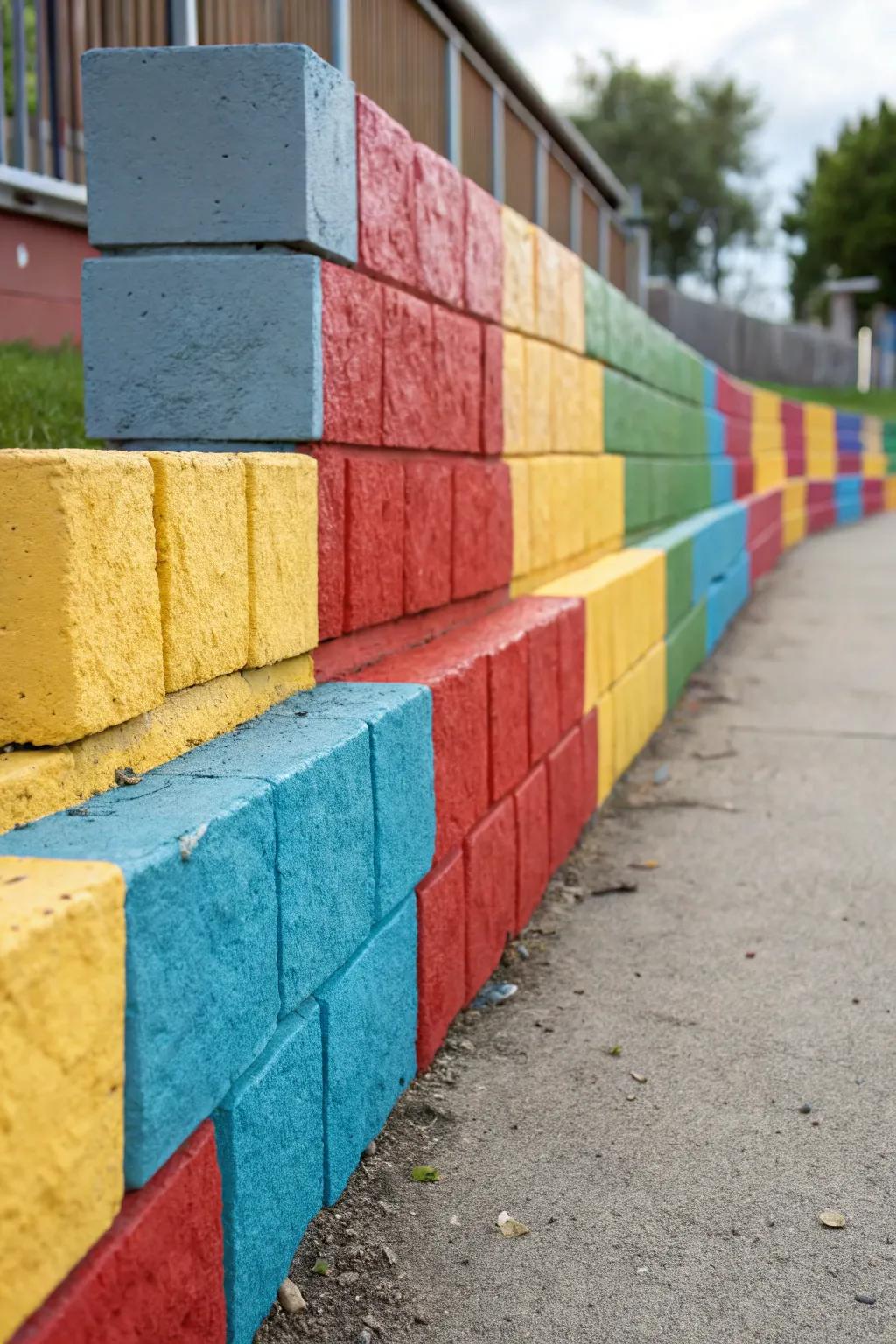 Colored wall units bring playful tones to retaining walls.