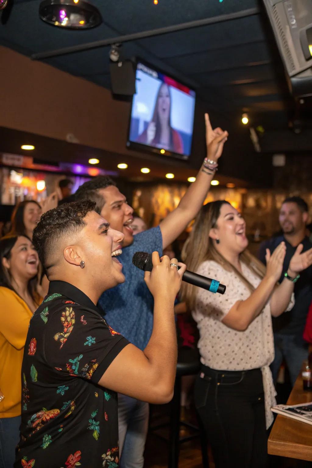 An energetic karaoke session lighting up the party.