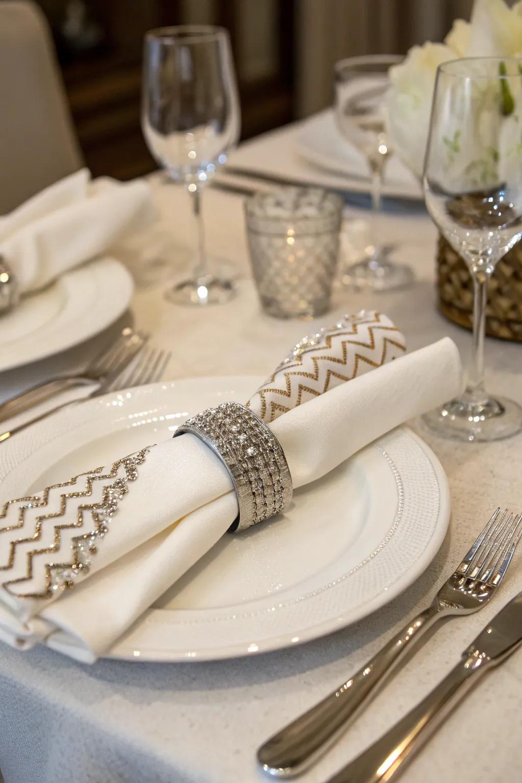 Chevron gems enhance dining sophistication.