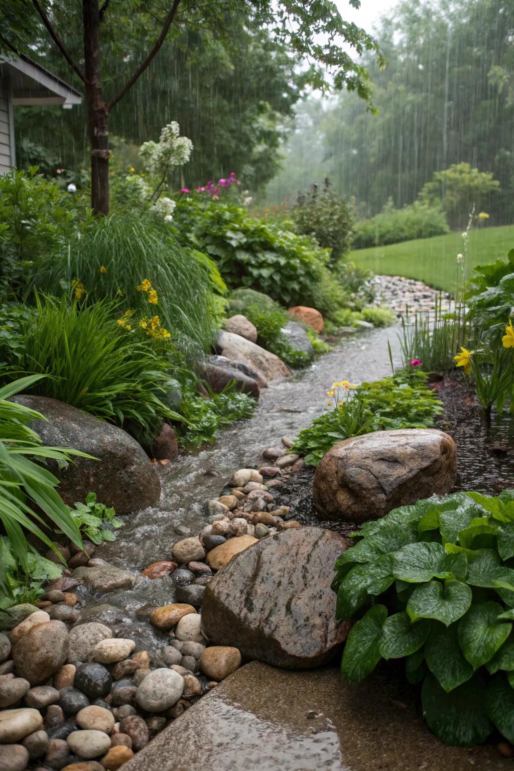 Combine sustainability and style with a pebble rain garden.