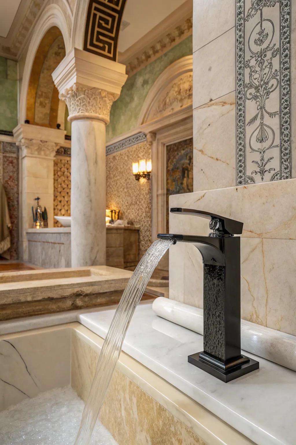 A cascade spout adds a modern touch to this Roman-inspired bathroom.