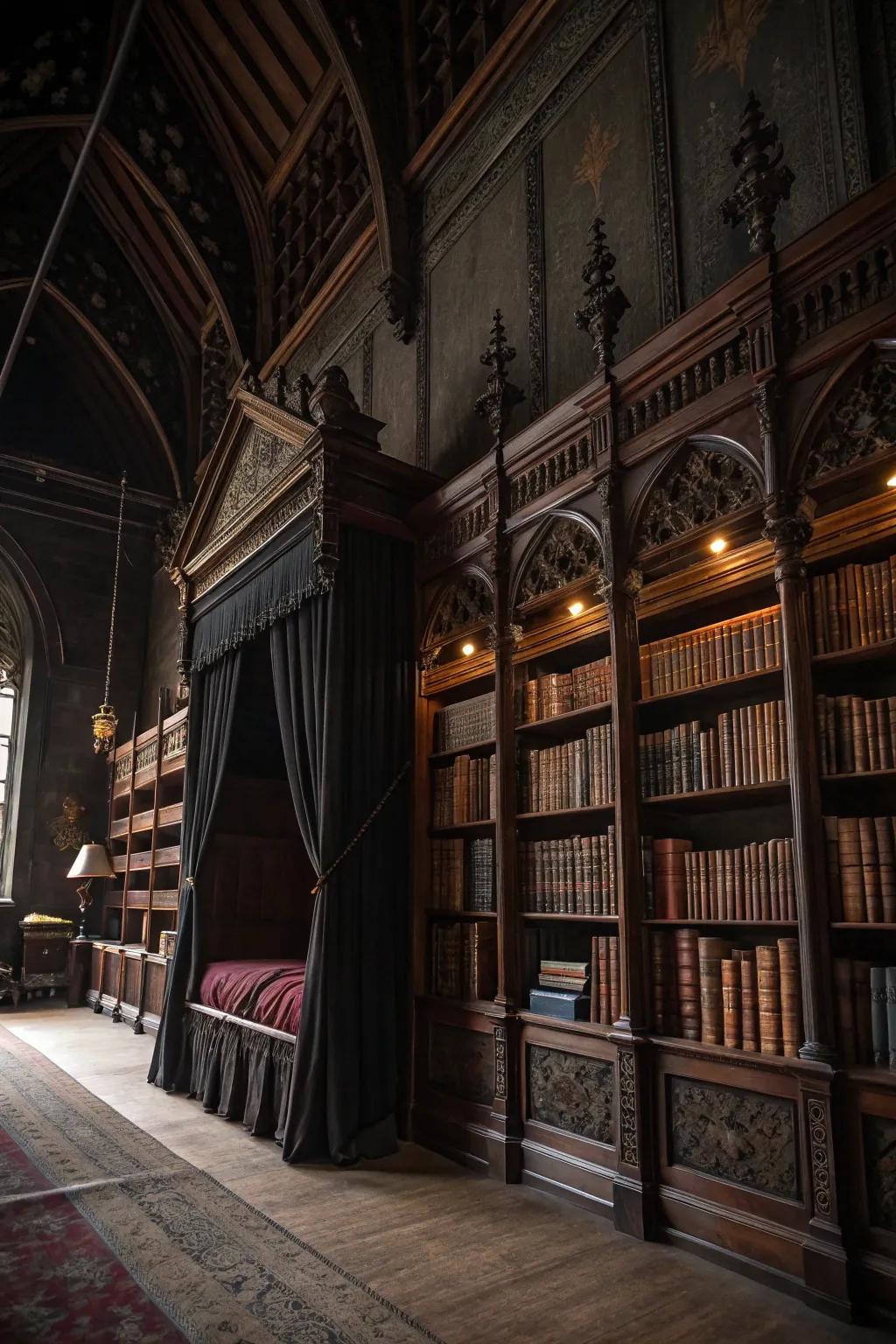 A scholarly nook with dark bookshelves injects literary charm to the space.