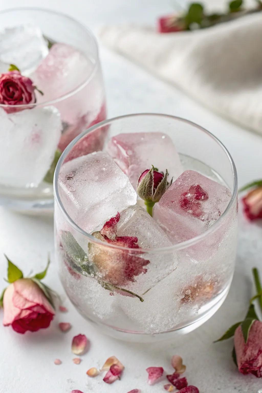 Ice formations with floral adornments, adding elegance to any drink