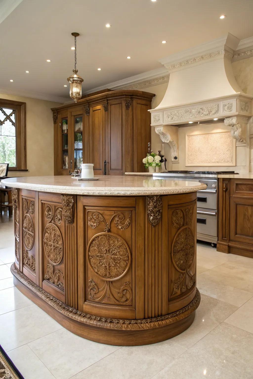 A harmony of tradition and modernity within a circular kitchen island design.