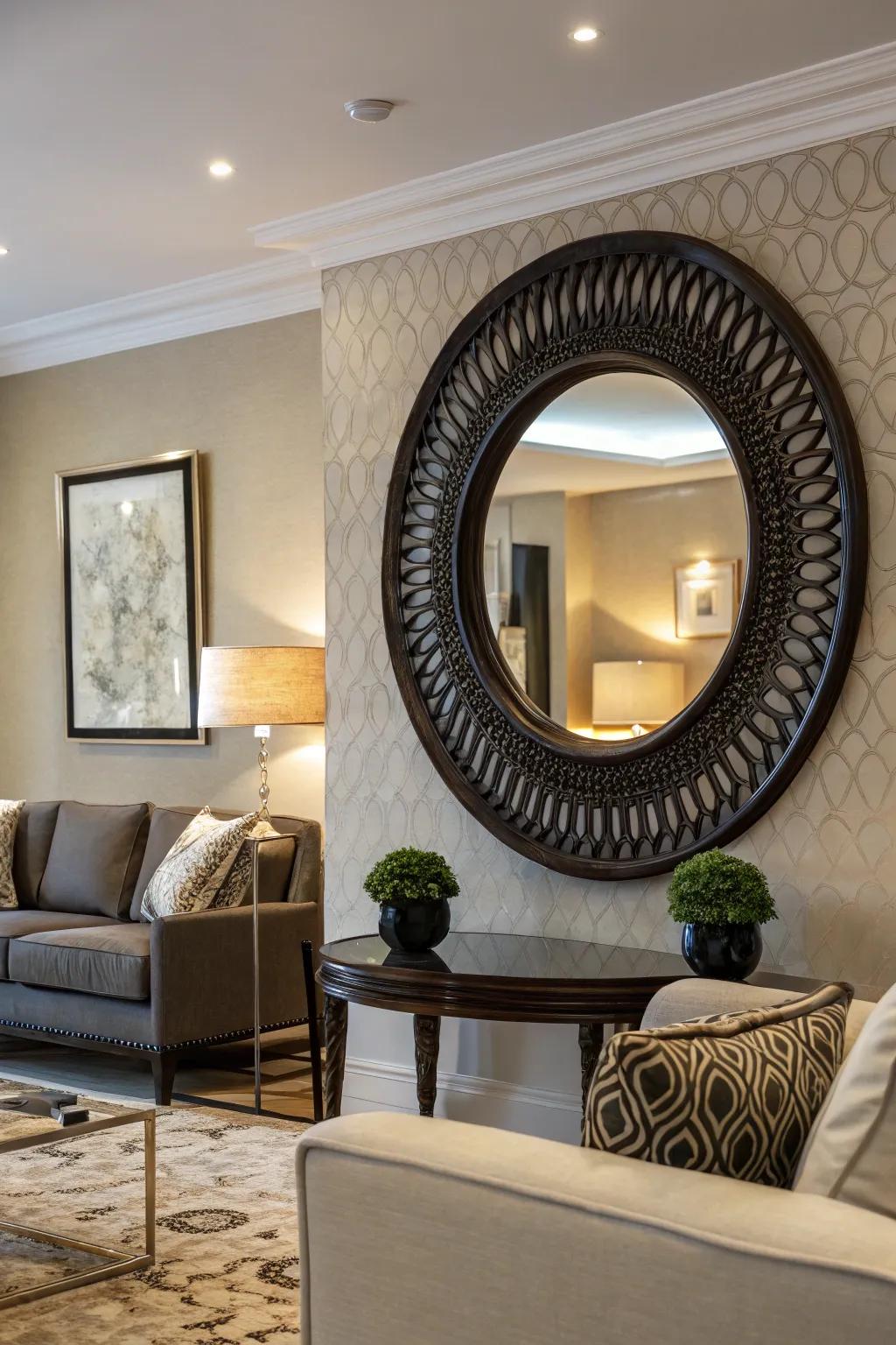 Dramatic contrast created by a bold-framed circular mirror.