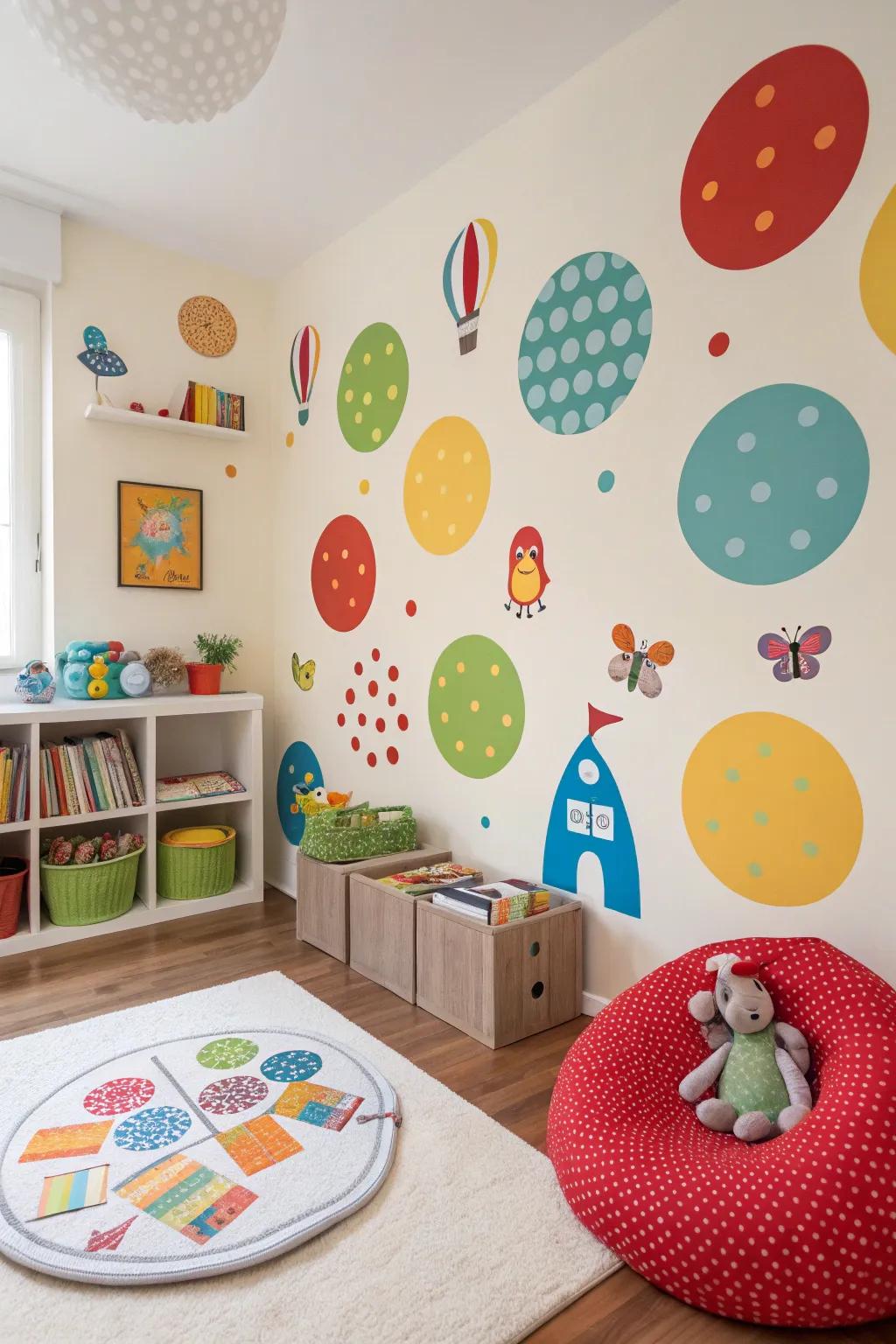 A children's room showcasing lively circular wall stickers for a cheerful ambiance.