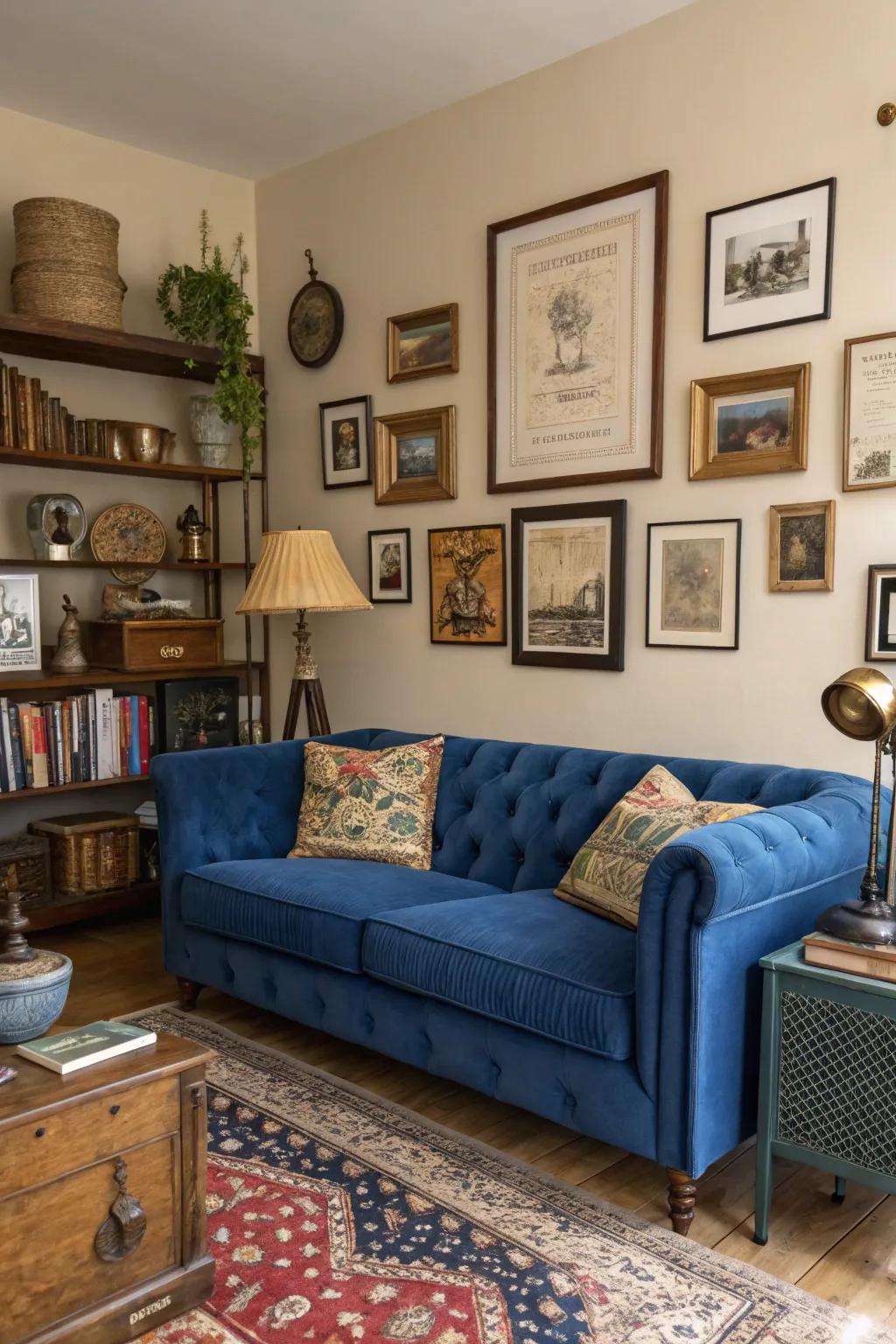 Time-honored pieces introduce character and charm to the setting with a sapphire-colored couch.
