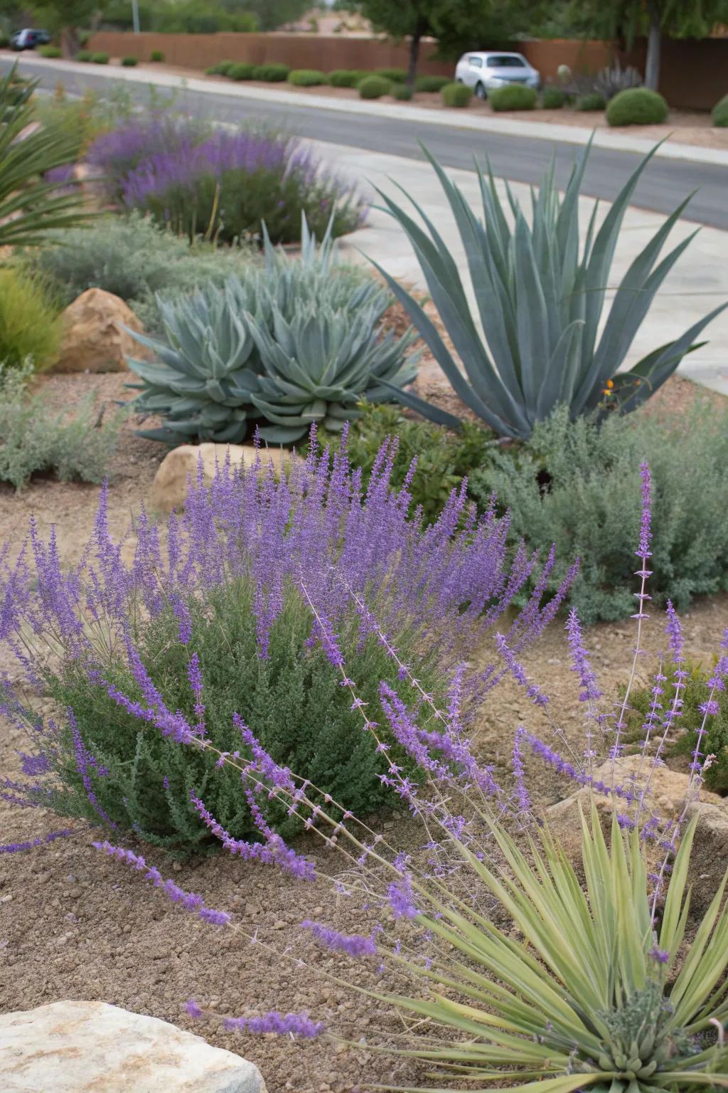 A water-wise garden displaying Azure blooms and cactus.