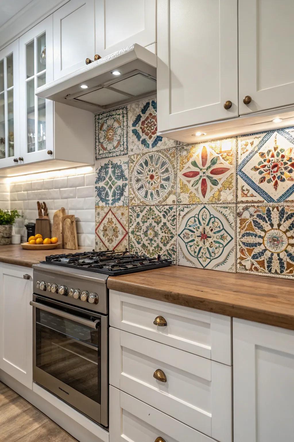 Decorative fragments create focal points and break up the backsplash design.