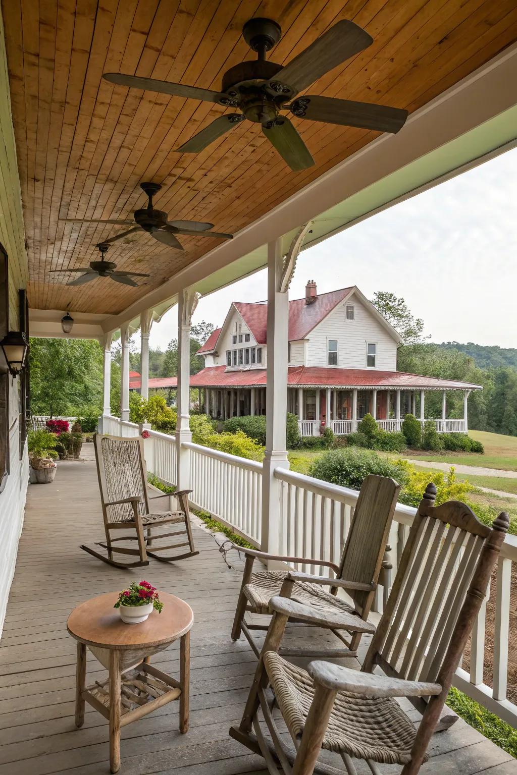 Ceiling circulators add comfort and style to this farmhouse porch.