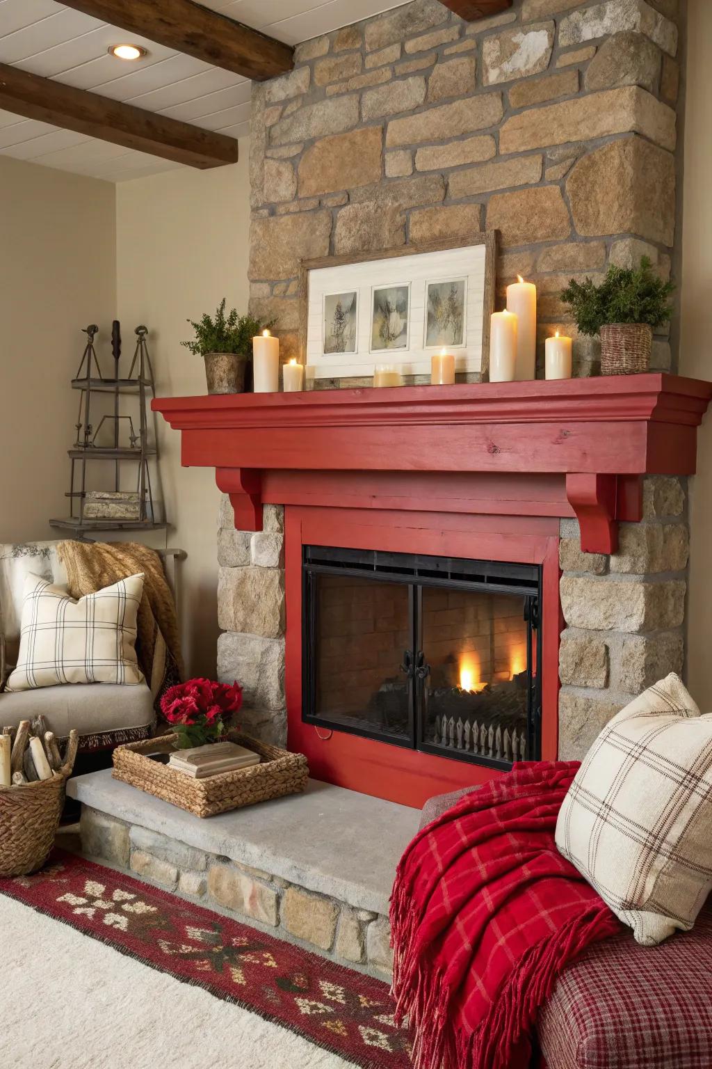 A audacious-colored mantel makes a statement in this countryside setting.