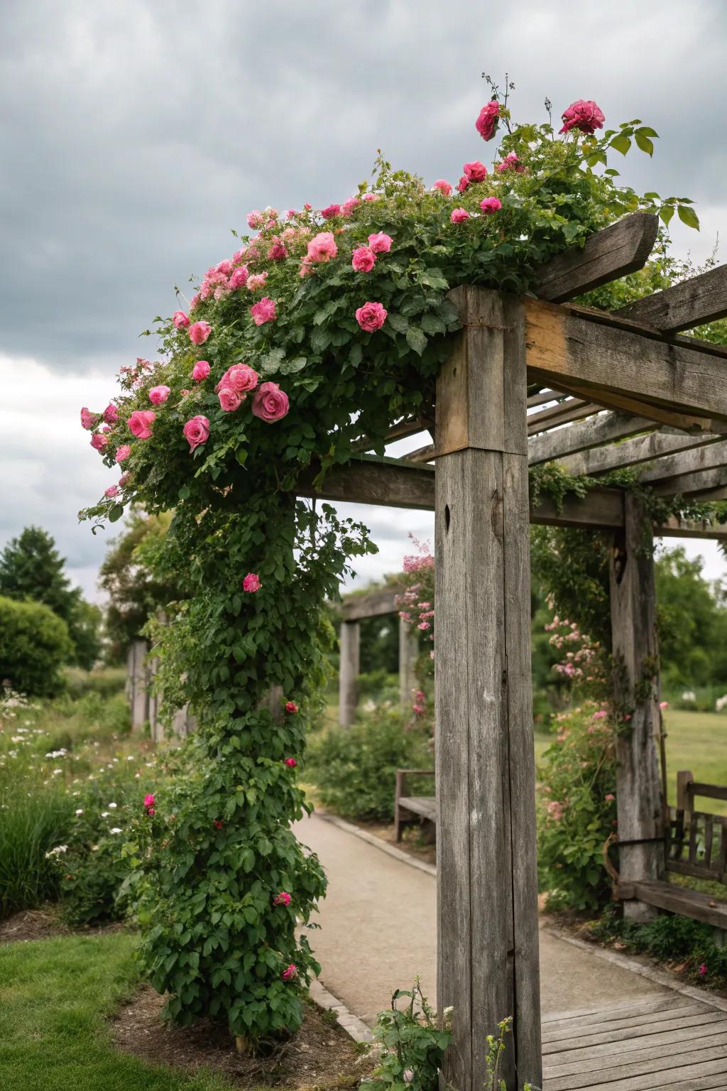A wood-crafted arbor spices up the garden with whimsy and allure.