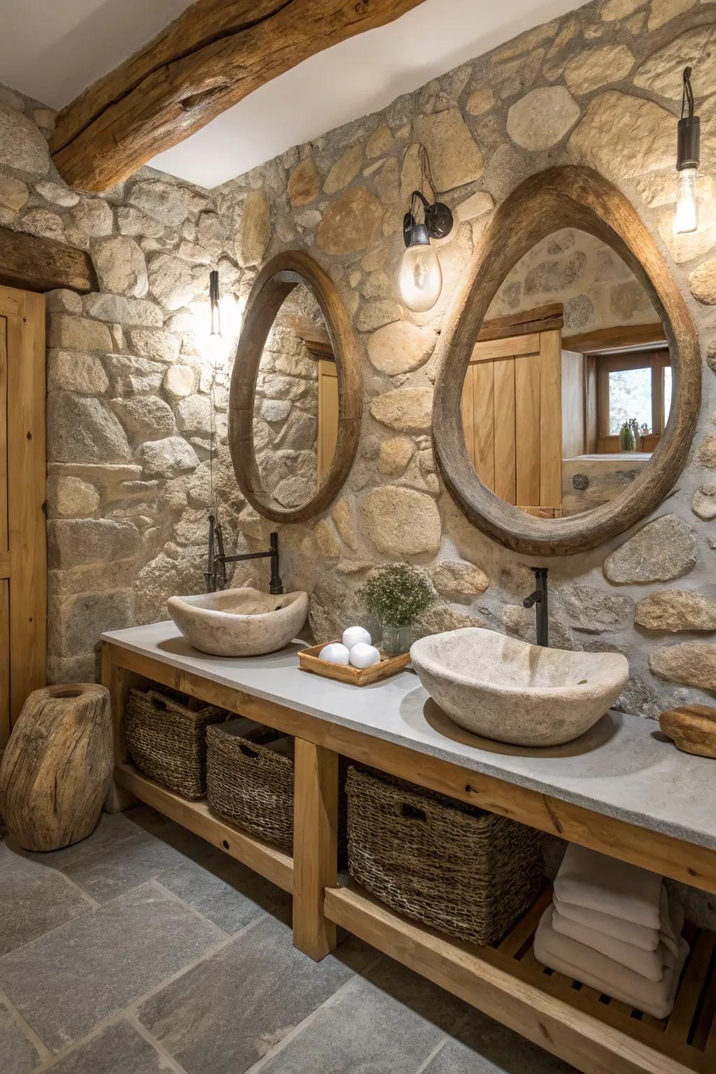 Organic mirrors contributing whimsy to a rustic bathing area.
