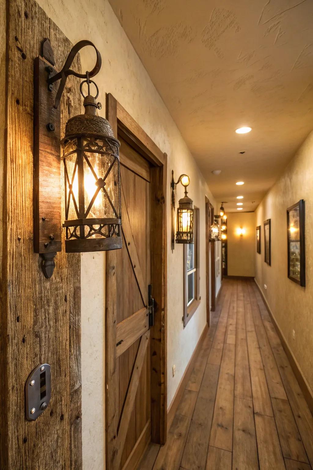 Countryside surface mounted sconces append understated sophistication to this corridor.