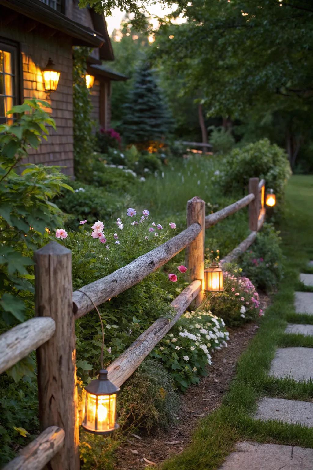 Soft lighting integrated into a log fence casts a warm glow over a nighttime garden.