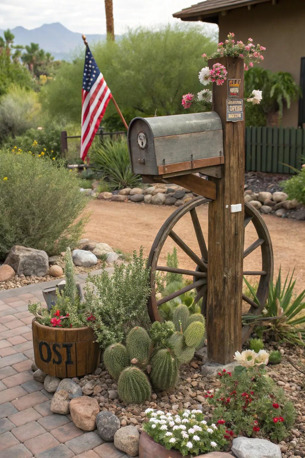 A wagon wheel foundation introduces a vintage element to this rustic mailbox support.