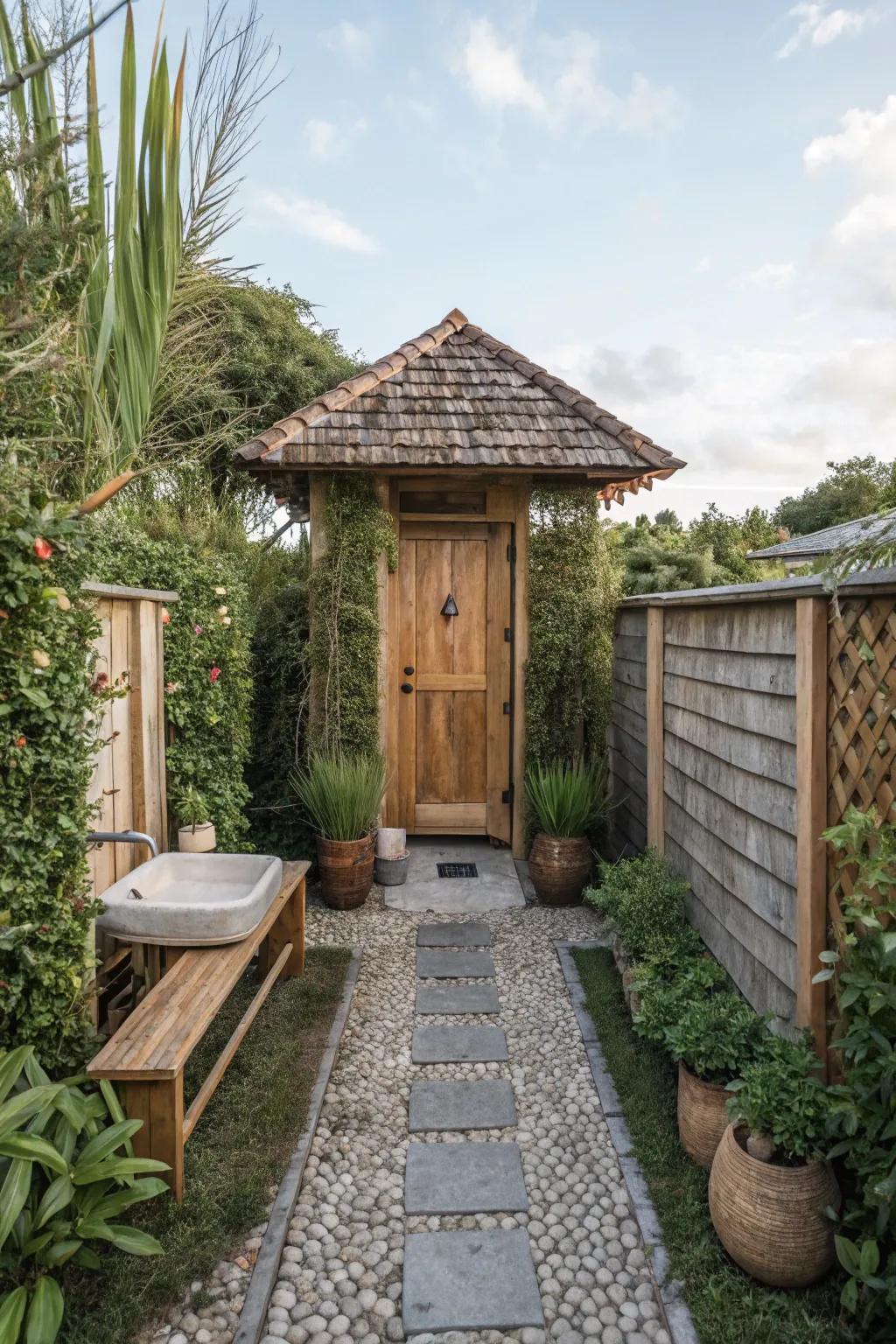 Natural seclusion screens enhance the rustic charm.