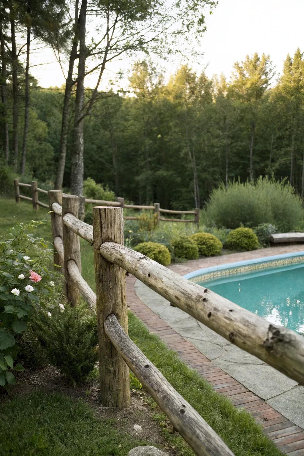 Log fencing delivering a countryside, woodsy sanctuary ambiance.