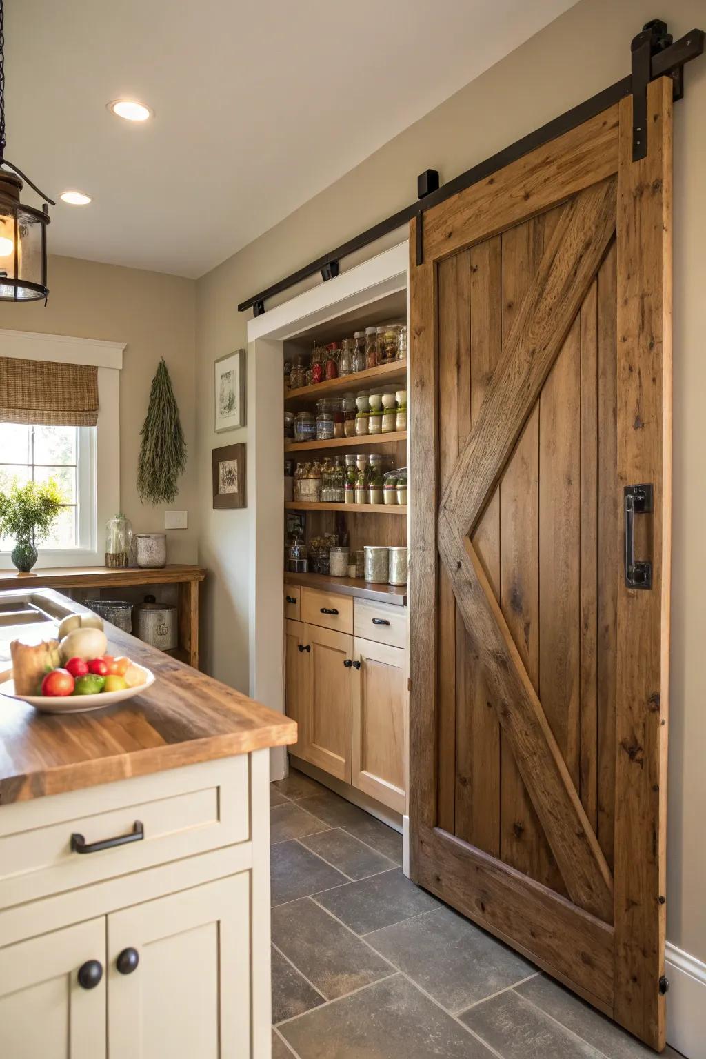 A sliding barn door enriches with countryside charm and practicality.