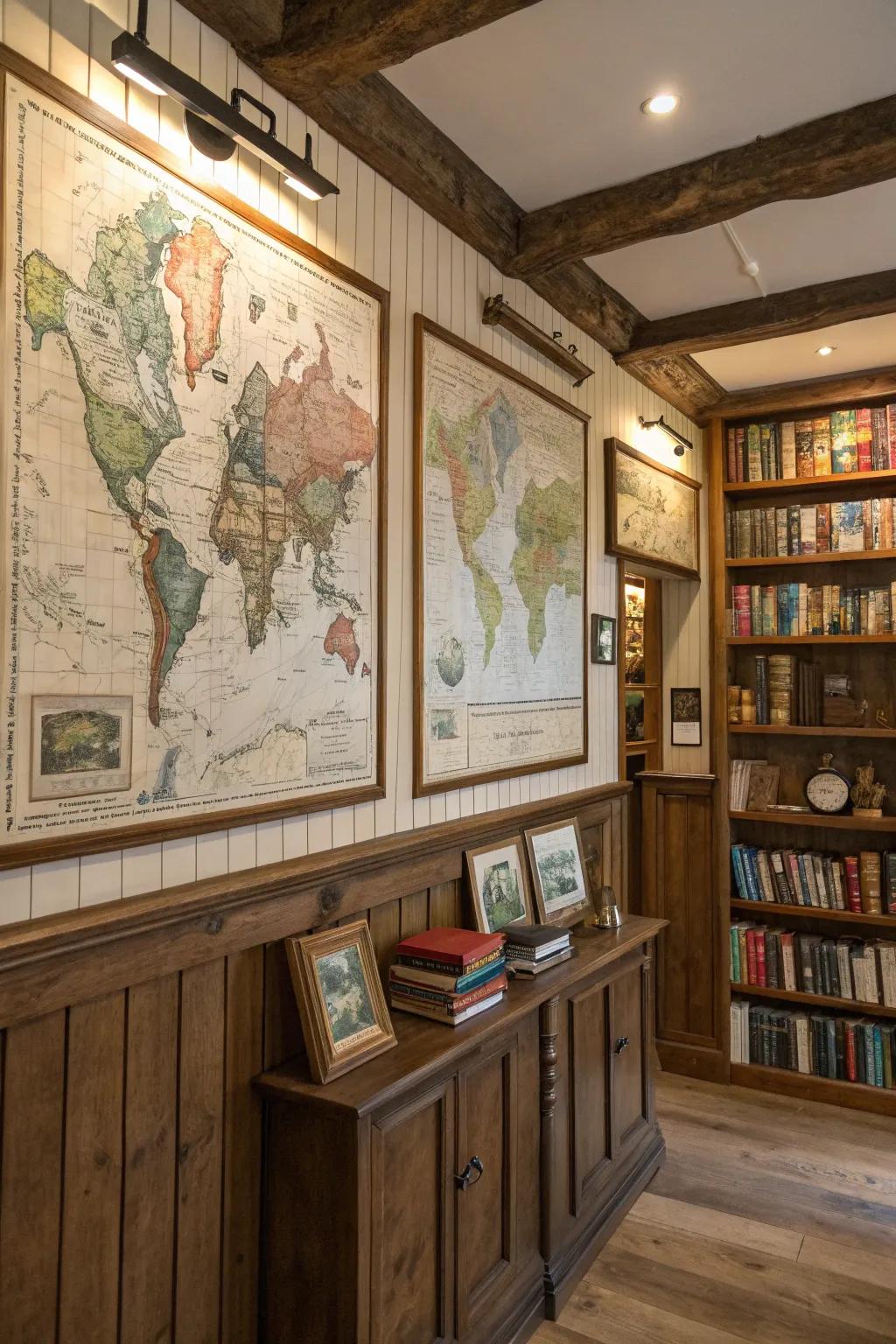 Time-worn map art incorporates historical charm to a country-inspired study.