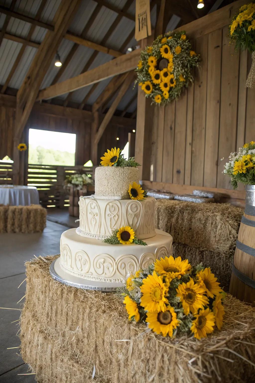 Hay roll base adds a quirky touch to a rustic cake stand.