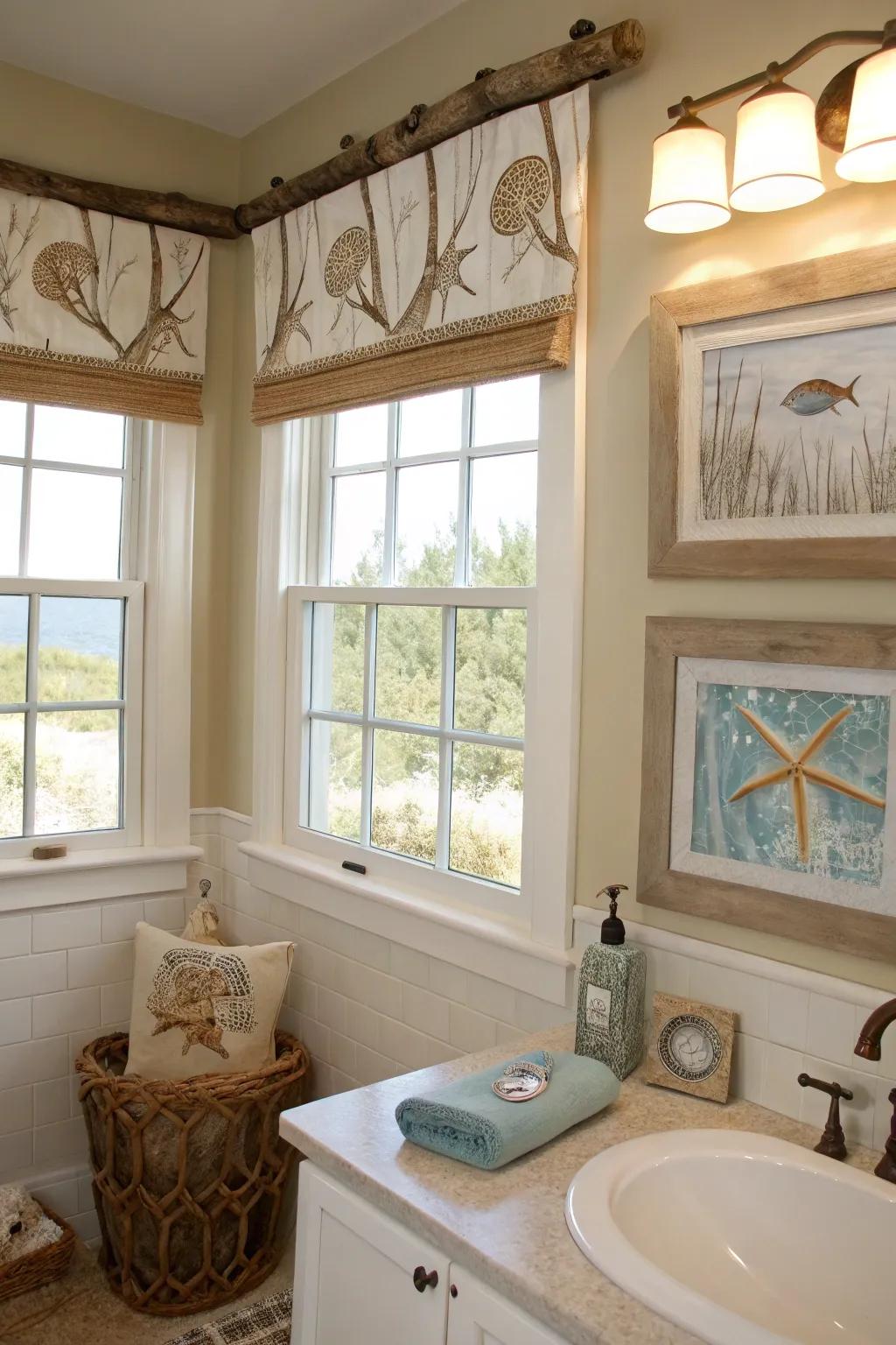 A beach-themed bathing room with an ocean wood valance that serves as an organic focal point.